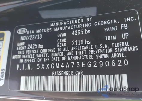 2014 Kia Optima Lx from USA, damaged, VIN 5XXGM4A73EG290620
